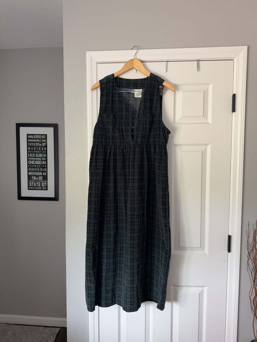 Vintage Erika & Co. Corduroy Maxi Dress, Green and Navy Plaid, Women's Size L